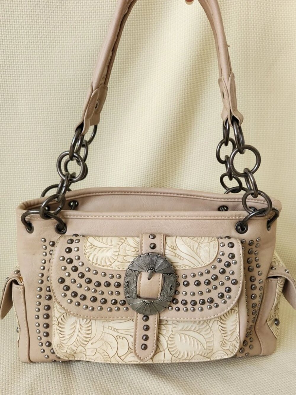 Vtg Montana West Y2K Western Shoulder Bag Tan Floral Faux Leather Studded Buckle